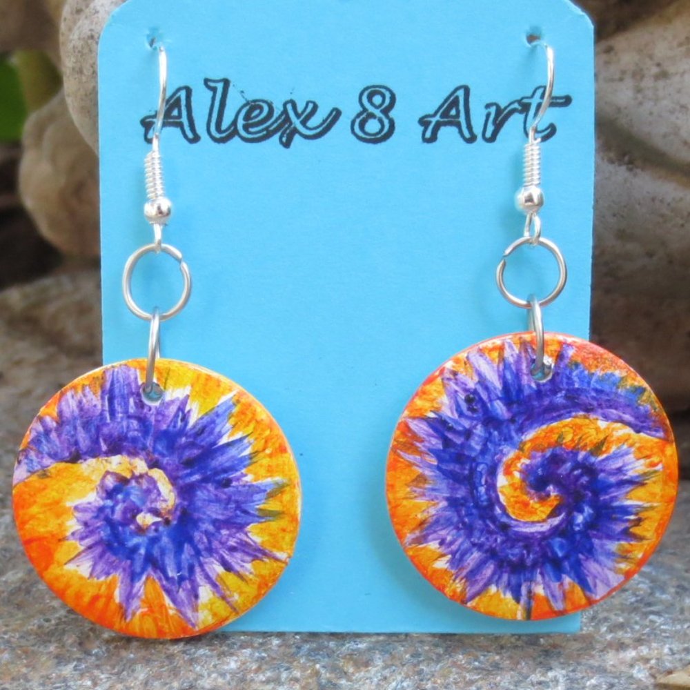 Handcrafted Pierced Earrings Purple & Orange Tie Dye Swirl Hand Painted Wood